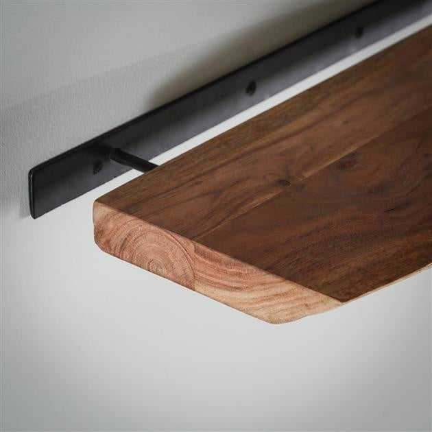 Live edge acacia wood wall shelf with black steel frame by BROKLEN – view 16