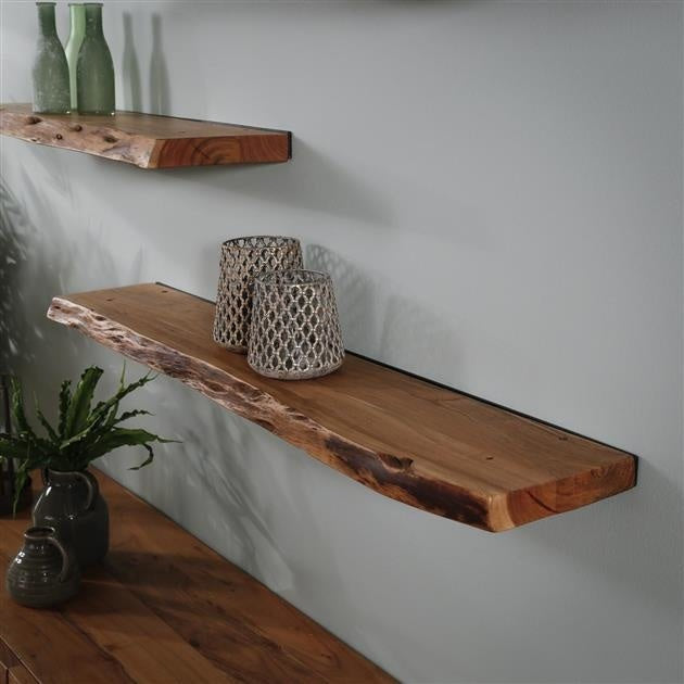 Live edge acacia wood wall shelf with black steel frame by BROKLEN