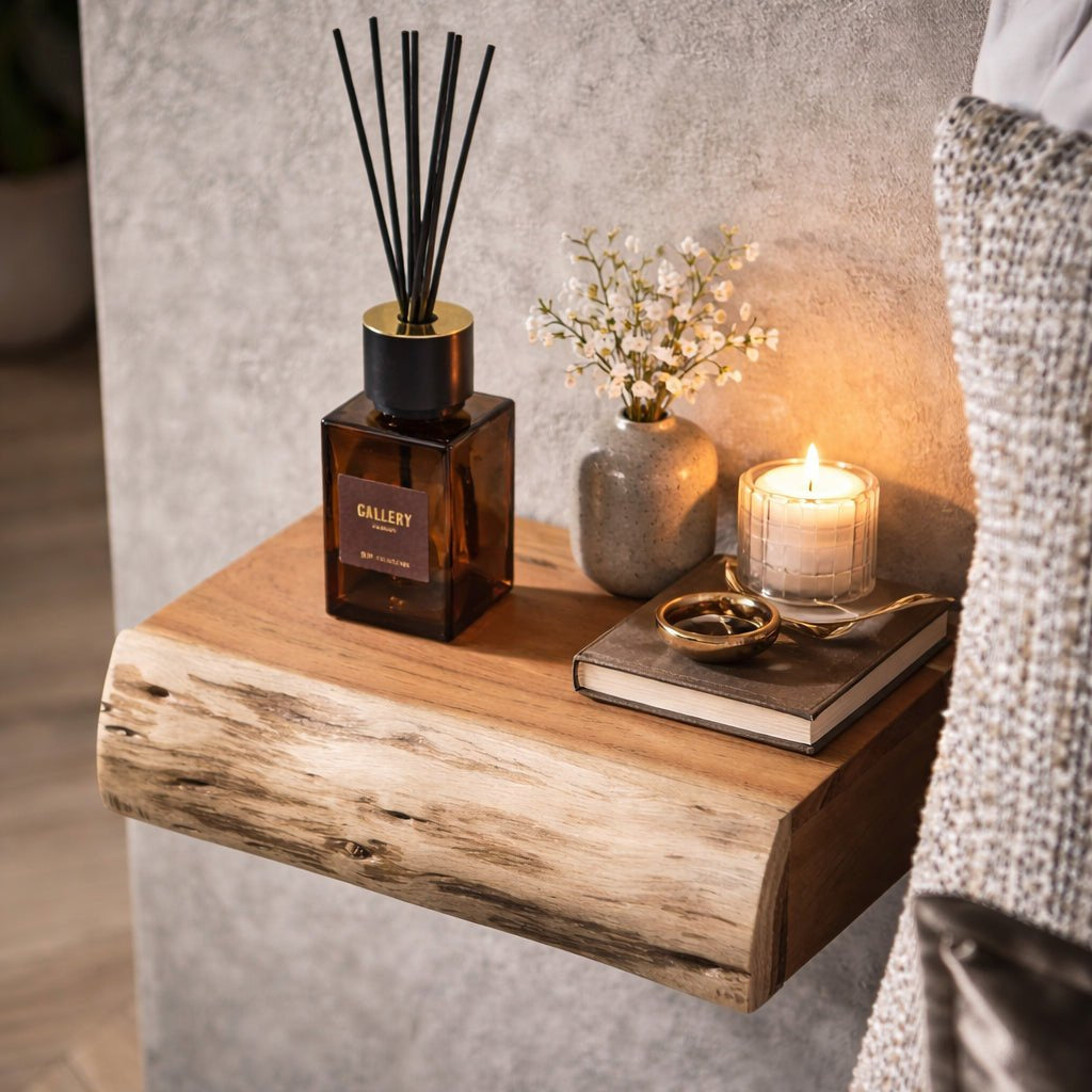 Floating acacia wood bedside shelf mounted on a wall by BROKLEN