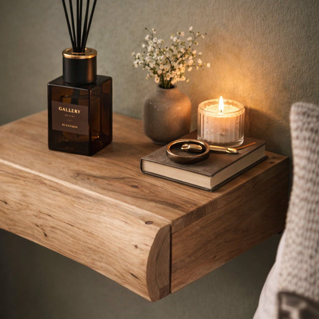 Floating acacia wood bedside shelf mounted on a wall by BROKLEN – view 2