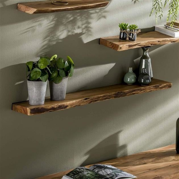 Live edge acacia wood wall shelf with black steel frame by BROKLEN – view 2