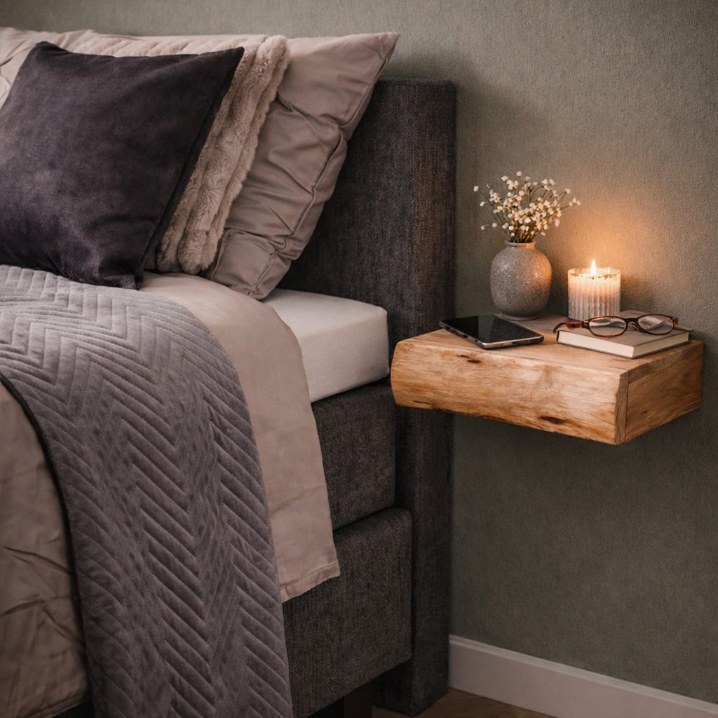 Floating acacia wood bedside shelf mounted on a wall by BROKLEN – view 3
