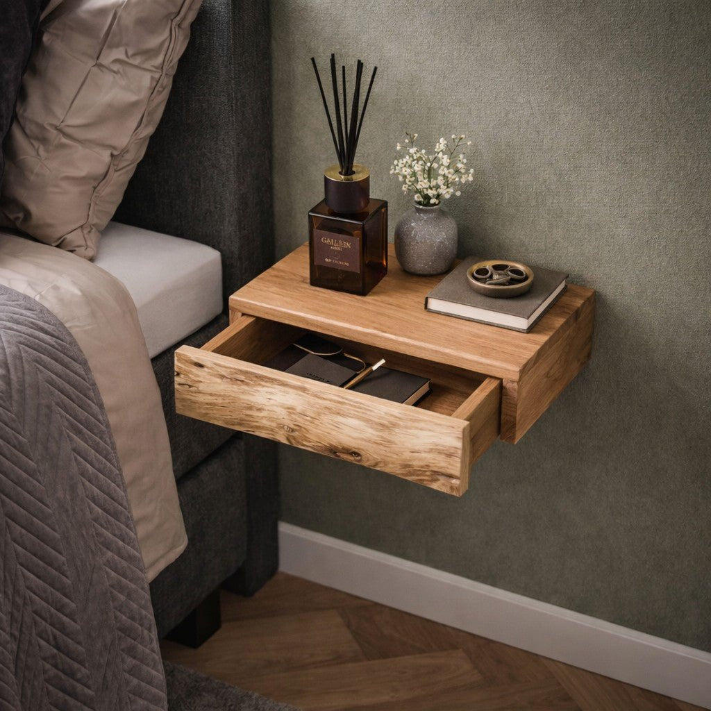 Floating acacia wood bedside shelf mounted on a wall by BROKLEN – view 5