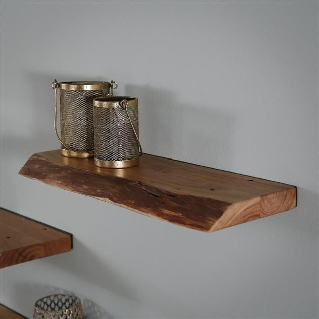Live edge acacia wood wall shelf with black steel frame by BROKLEN – view 7