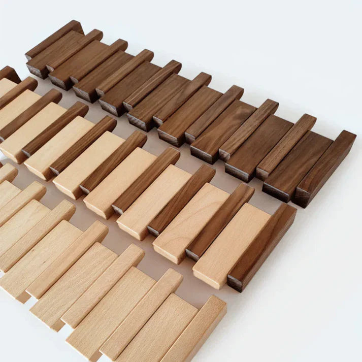 Wall mounted wooden coat rack with piano key design by BROKLEN – view 7
