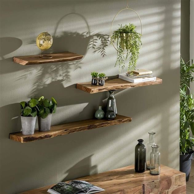 Live edge acacia wood wall shelf with black steel frame by BROKLEN – view 9
