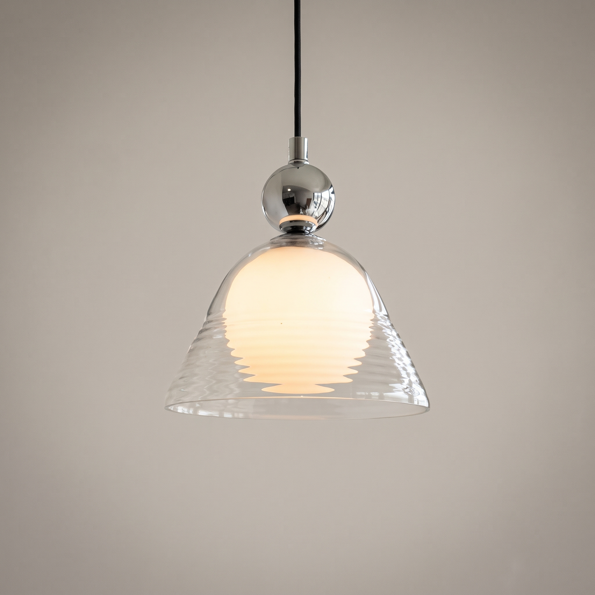Ribbed glass pendant light with opal inner globe by BROKLEN – view 2