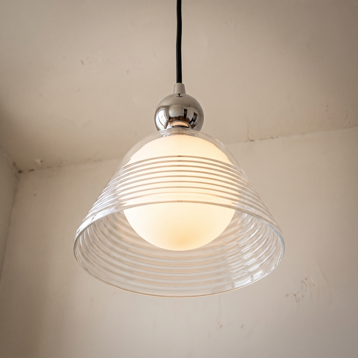 Ribbed glass pendant light with opal inner globe by BROKLEN – view 4