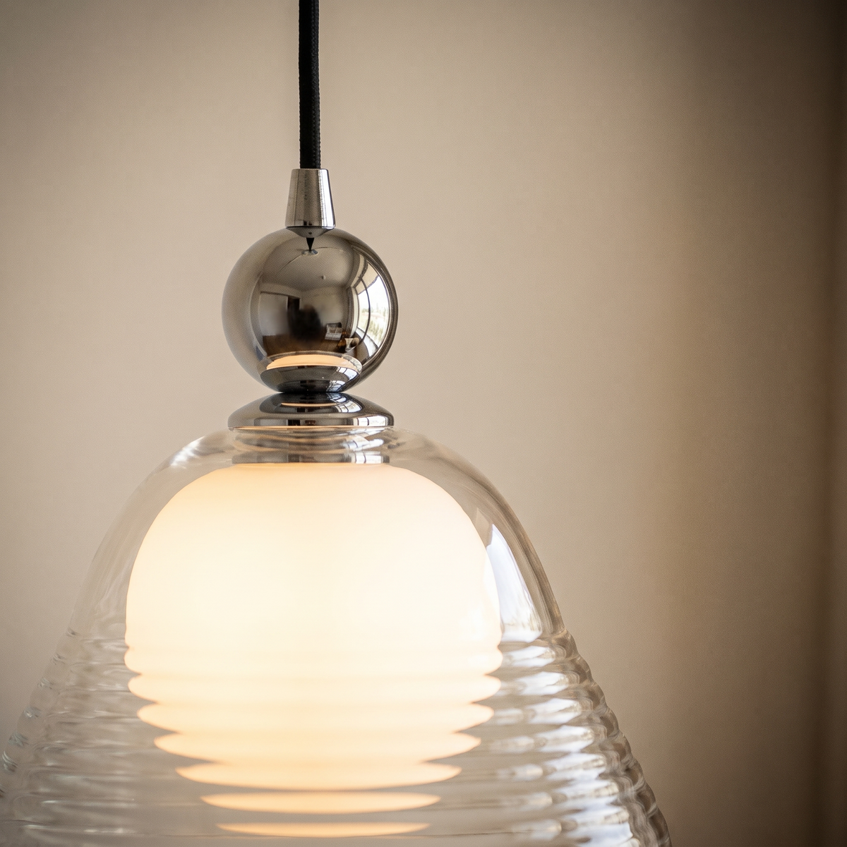 Ribbed glass pendant light with opal inner globe by BROKLEN – view 3