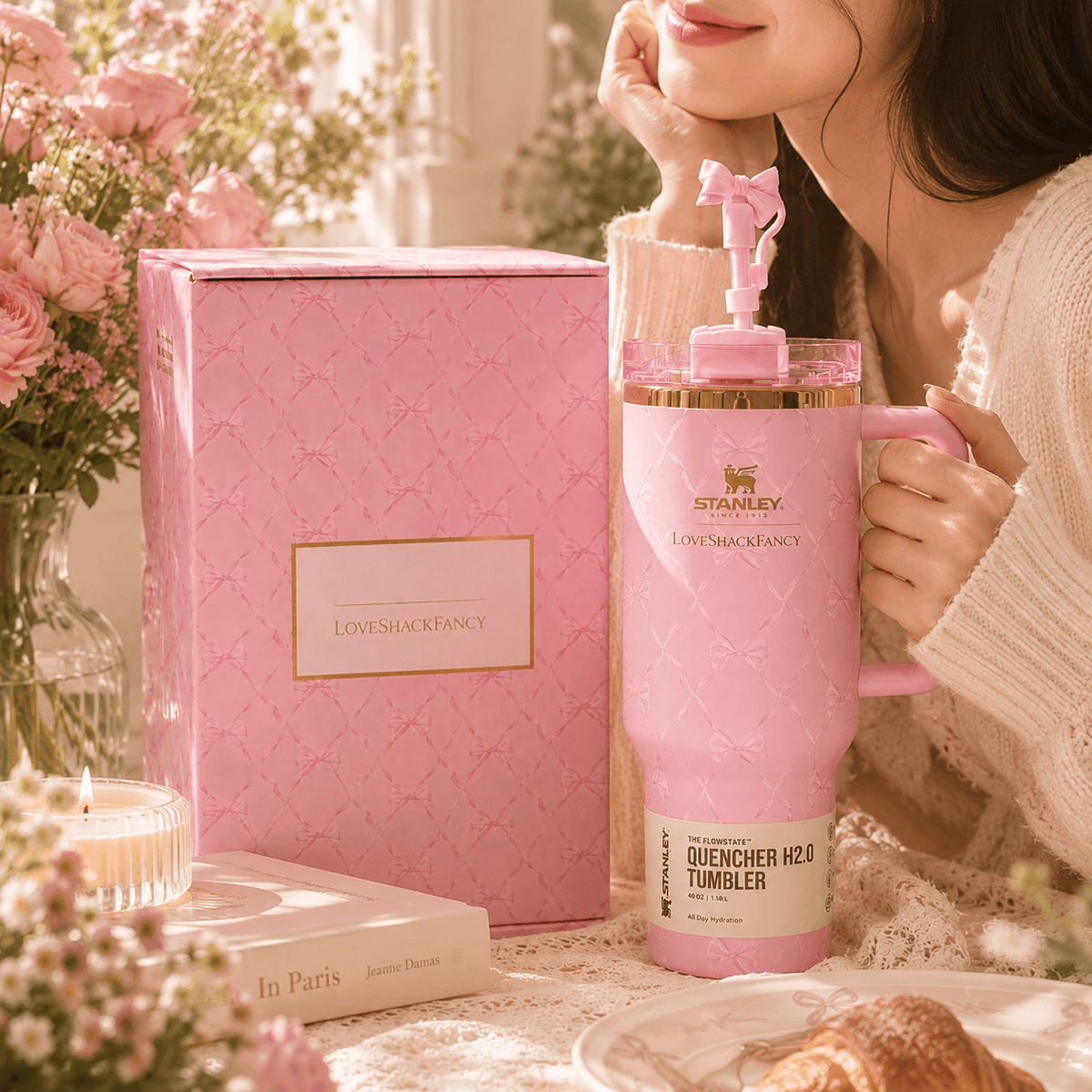 Stanley x LoveShackFancy Pink Bow 40oz Insulated Tumbler Gift Set