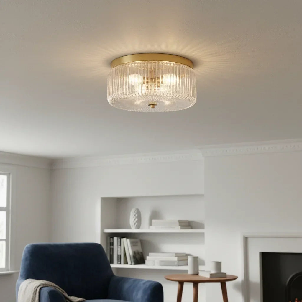 Round ribbed glass flush mount ceiling light with gold finish by BROKLEN