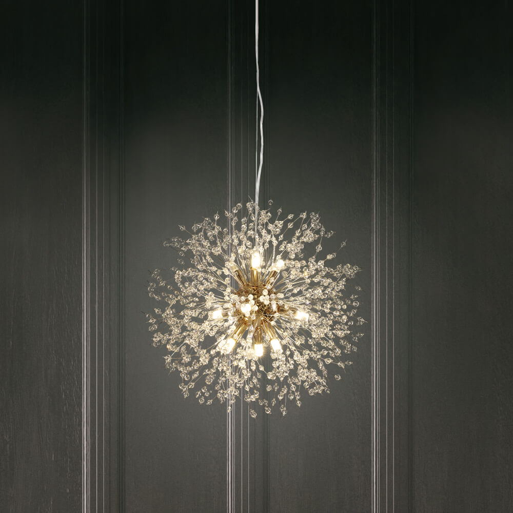 9-light crystal Sputnik firework chandelier in brass and chrome by BROKLEN