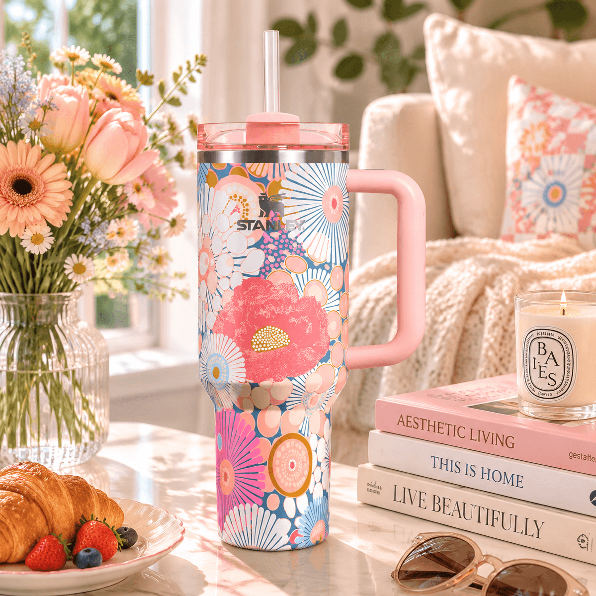 Blooming Palette Floral Insulated Tumbler - pastel floral tumbler with straw