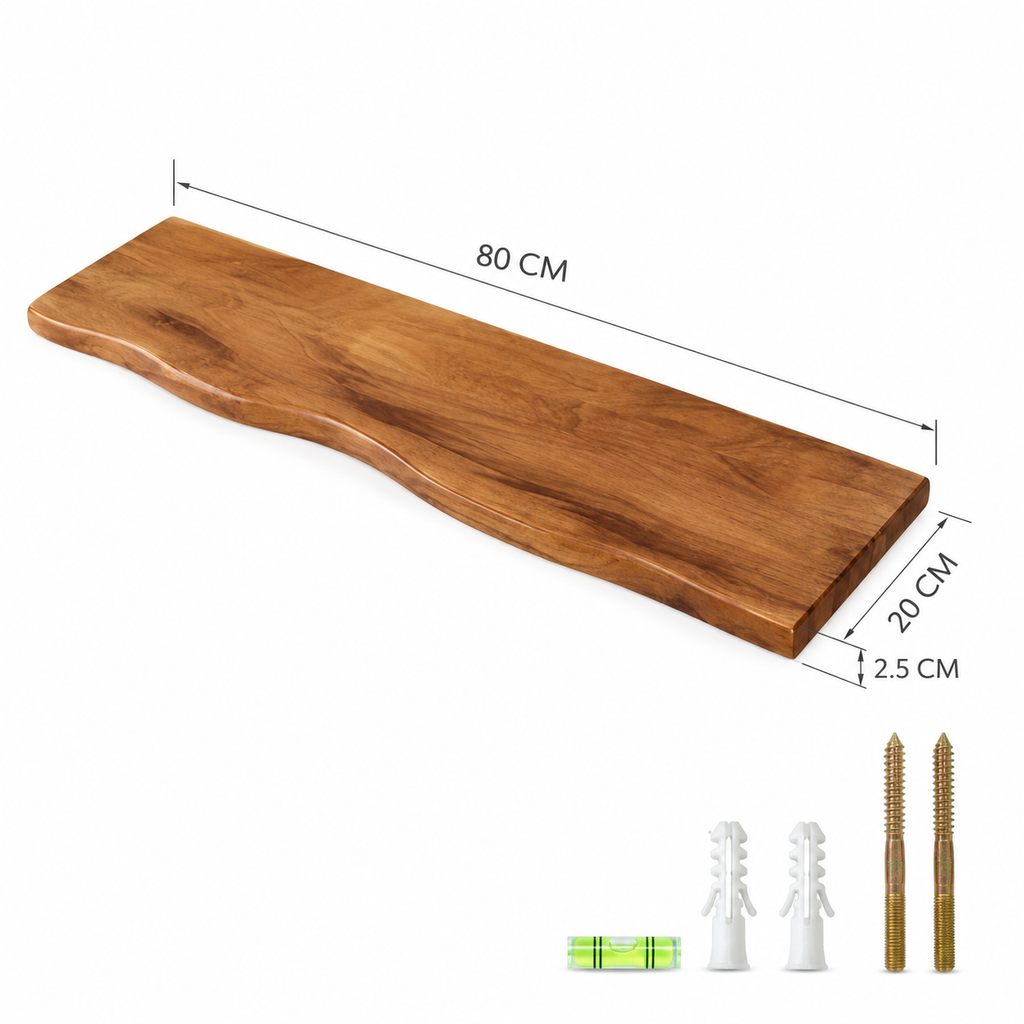 Live edge acacia wood wall shelf with black steel frame by BROKLEN – view 22