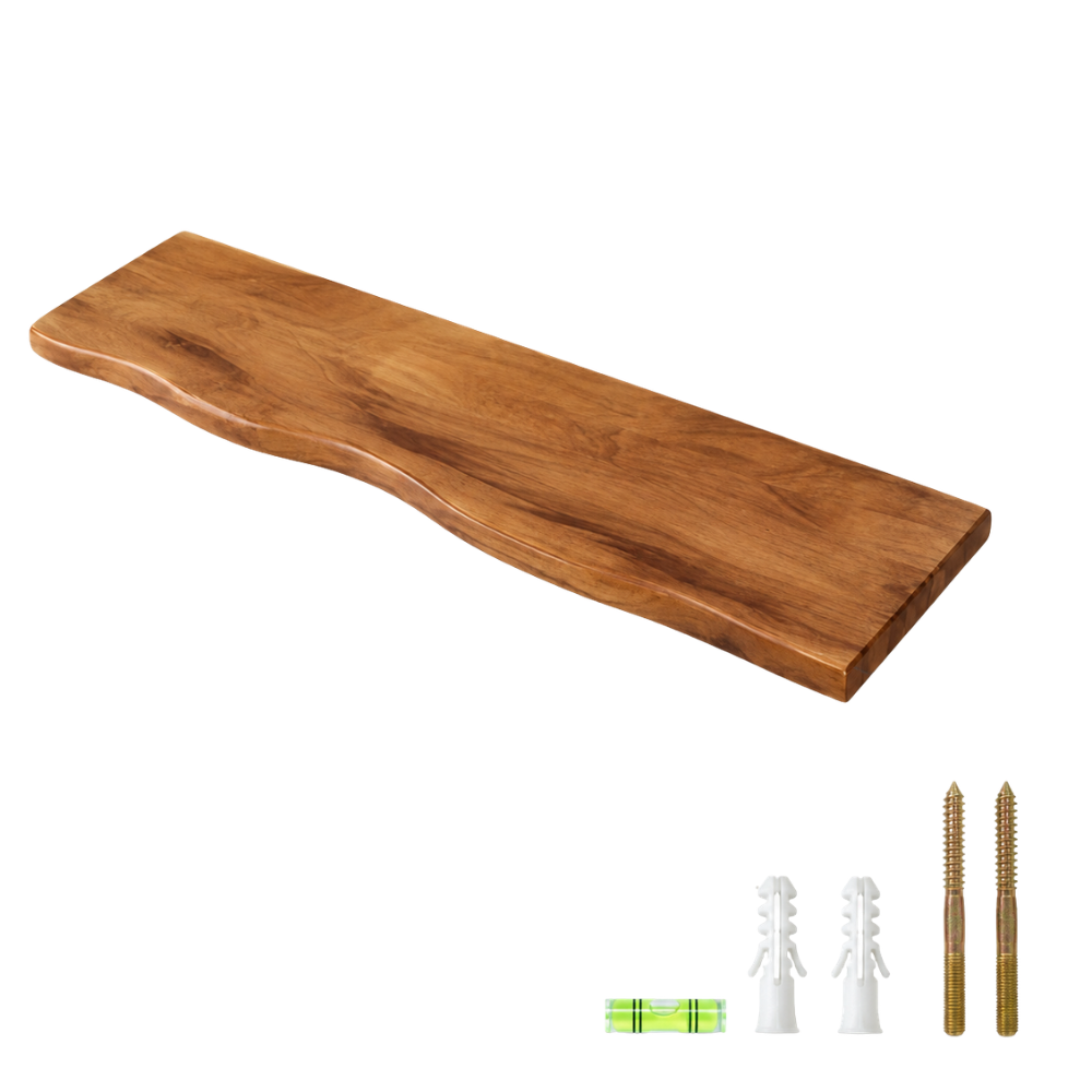 Live edge acacia wood wall shelf with black steel frame by BROKLEN – view 21